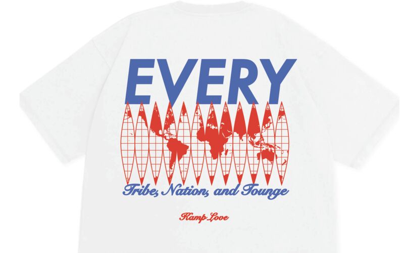 White tee mockup, back print: EVERY Tribe, Nation, and Tongue