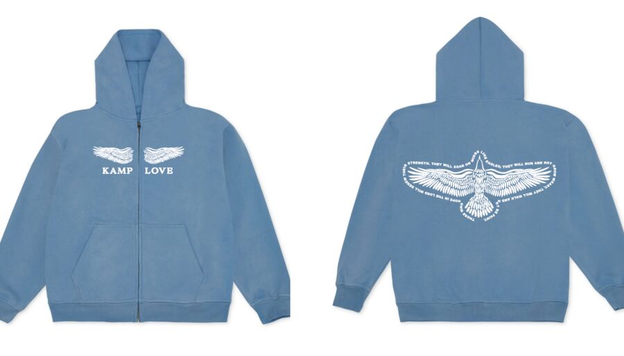 Blue zip hoodie mockup with white eagle print