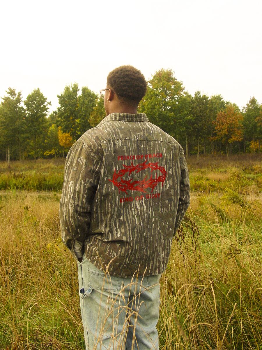 Camo button-up, back print: red crown of thorns
