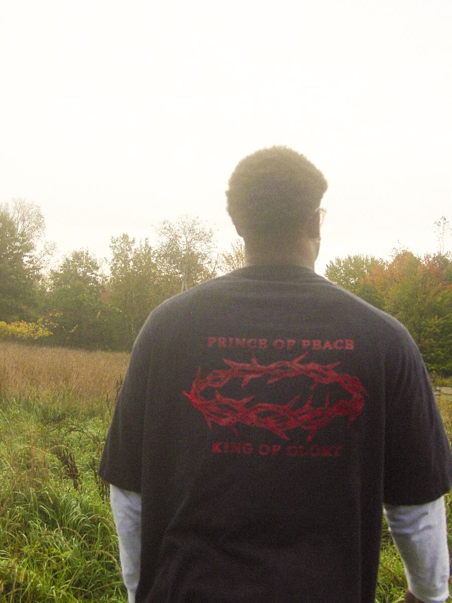 Black tee, back print: Prince of Peace, King of Glory with a red crown of thorns